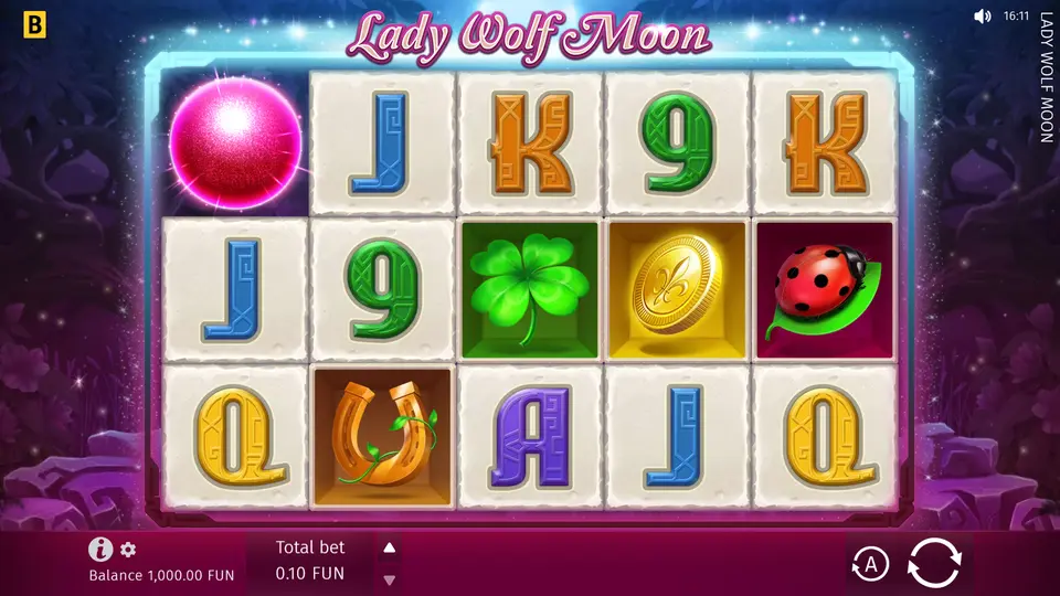 Lady Wolf Moon Basisspiel – Spiegraster 5x3 vor Nachtwaldkulisse mit leuchtendem Mond